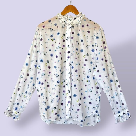 J.Crew Classic-Fit Ruffleneck Shirt Airy Floral Lilac Pansy Size 18 Preppy Sheer - Picture 2 of 13